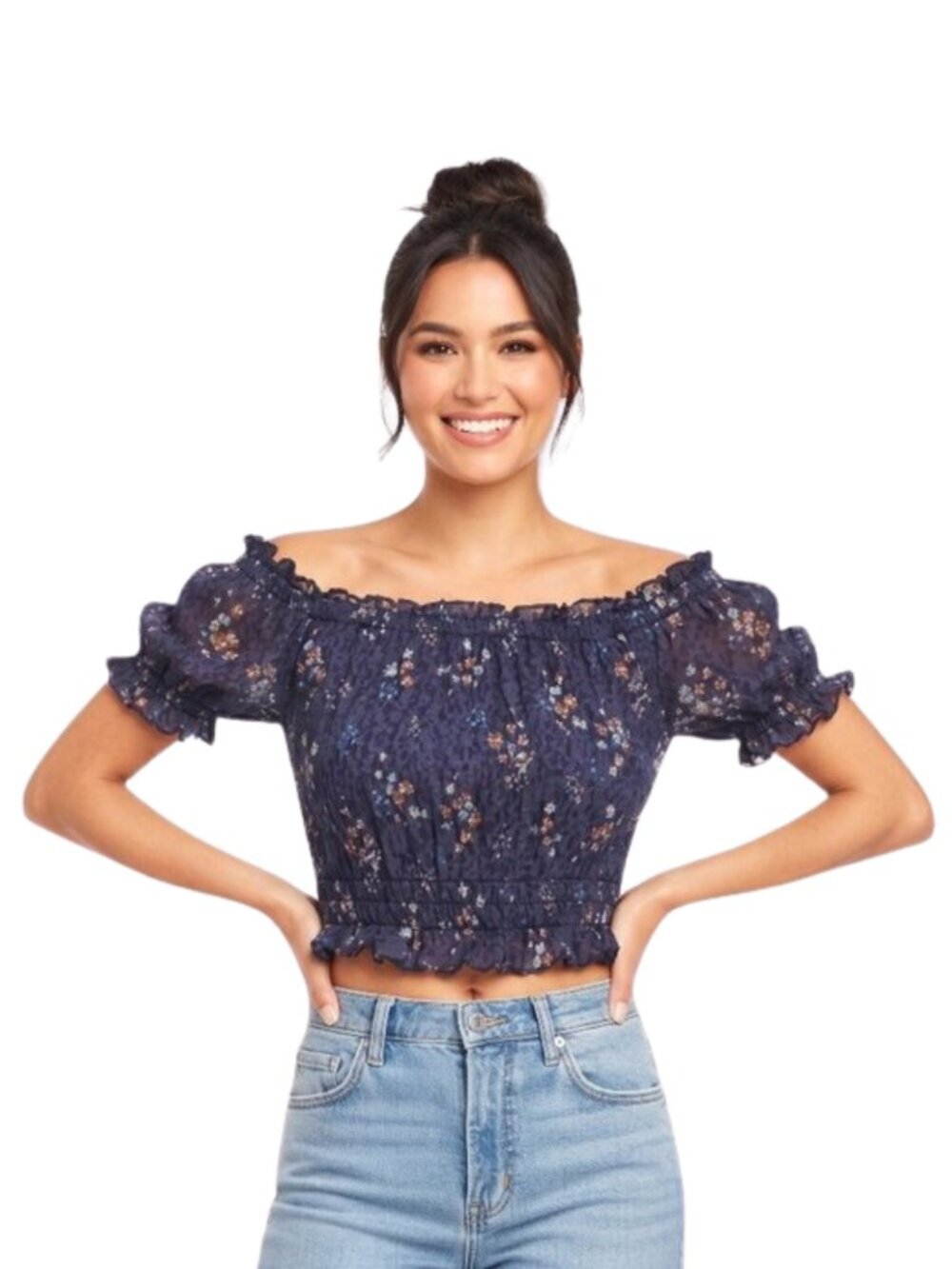 XOXO Off Shoulder Smocked Crop Top Small Ruffle Sleeve Nylon Y2K Peasant Blouse